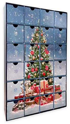 Adventskalender zum selbst Befüllen mit 24 Schubladen-Boxen, DIY-Weihnachtskalender Bastelset (Zahlen & Weihnachtsbaum)