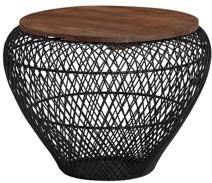 FineBuy Couchtisch Mango Massivholz Metall 60x60x45 cm Rund mit Stauraum, Design Wohnzimmertisch Korbtisch Modern, Beistelltisch Sofatisch Wohnzimmer