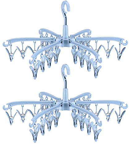 2 soportes de calcetines plegables de 24 clips, soportes de secado giratorios, soportes de secado portátiles, perchas multifuncionales, secado interior y exterior, soportes de plástico azul cielo