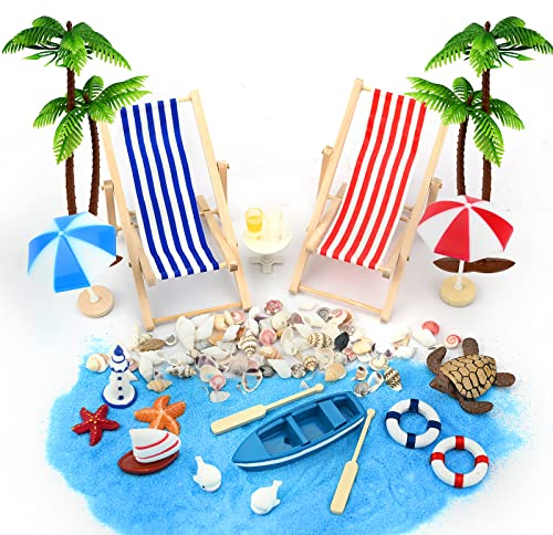 22 Stück Strand-Mikrolandschaft Miniatur Dekoration Mini-Stranddekorationen Miniliegestuhl Strandkorb Sonnenschirm Kleine Palme Deko Accessoires für DIY Zen Garten Dekoration Einzigartiges Geschenk