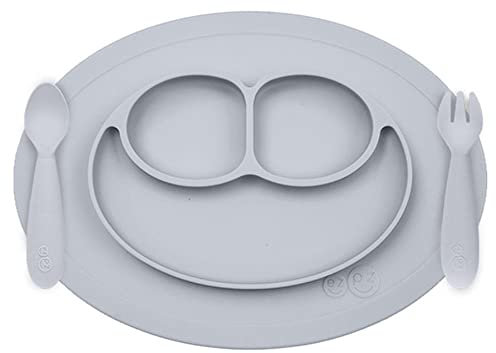 Lait Baby EUMFP003 Brei Set Mini Mat Teller Saugnapf Effekt mit Abschnitten und Lernbesteck Gabel und Löffel für Kinder +12 Monate