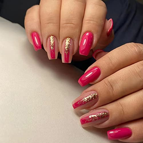 Ceboic 24Pcs Square False Nails Short, Rose Red French Tip Press on Nails, Glossy Removable Glue on Nails with Glue Stickers, Gold Shiny Acrylic Full Cover Stick on Nails for Women and Girls