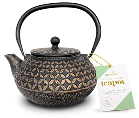 Charbrew Black & Gold Chinese Cast Iron Teapot with Stainless Steel Tea Infuser (900ml/4 Cups)