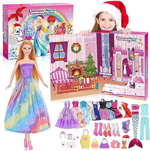 Adventskalender 2024 Kinder Mädchen, HappyGoLucky Geschenk Mädchen 3 4 5 6 7 8 9 10 11 Jahre Spielzeug ab 3-9 Jahre Mädchen Weihnachtskalender Weihnachts Geschenke für Kinder Kleidung für Puppe