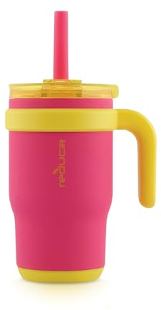 REDUCE Coldee Tumbler mit Henkel für Jugendliche, vakuumisolierter Edelstahlbecher mit Deckel und Strohhalm, hält Getränke bis zu 18 Stunden kalt, rosa Limonade, 400 ml