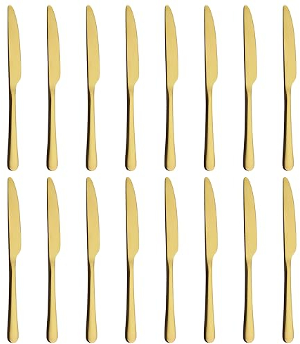 BEWOS Coltelli da Tavola 16 Pezzi, Coltello Seghettato (23,8 Cm / 9,37 Inch), Set di Stoviglie in Acciaio Inox, Coltelli con Bordo Seghettato Affilato, Lavabile in Lavastoviglie, oro opaco