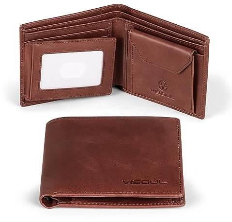 VISOUL Leder Geldbörse Herren mit ID Fenster und Münzfach & RFID Schutz Echtleder Geldbeutel für MännerPortemonnaie Brieftasche Wallet Portmonee Q09 A71 Braun