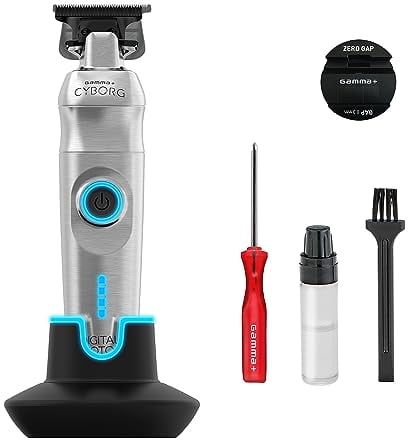 GAMMA+ Cyborg Trimmer Professioneller Herren-Haarschneider, Trimmer mit Bürstenlosen Motor, 180 Minuten Autonomie ohne Kabel, Zwei Klingeneinstellhebel 0 Abstand, Stabiles Metallgehäuse