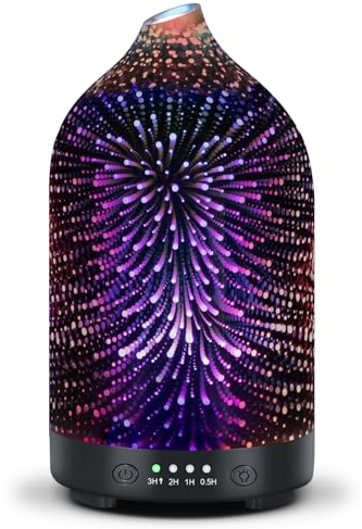 Essential Oil Diffuser 3D Firework Glass Aromatherapy Diffuser Electric Air Mist Scented Oil Aroma Diffuser Ultrasonic Waterless Auto Shut-Off 7-Color LED Lights for Home Office Yoga SPA Gift 120ml