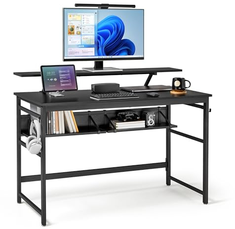 Mondeer Bureau d'Ordinateur, Table de Bureau avec Support de Moniteur Long et 2 Étagères Rangement, Gain d’Espace pour Bureau et Salle d‘Etude, 120 x 60 x 90 cm, Noir