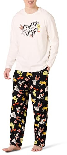 Amazon Essentials Conjunto de Pijama con Pantalón de Franela y Camiseta de Manga Larga Hombre, Pandilla de Looney Tunes - Hombre, XS