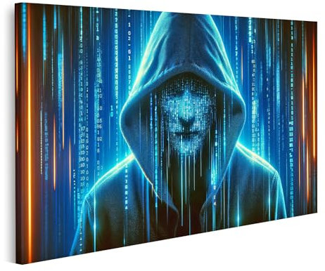 islandburner Bild auf Leinwand Geheimnisvoller Hacker im digitalen Code-Regen Bilder Wandbild Poster