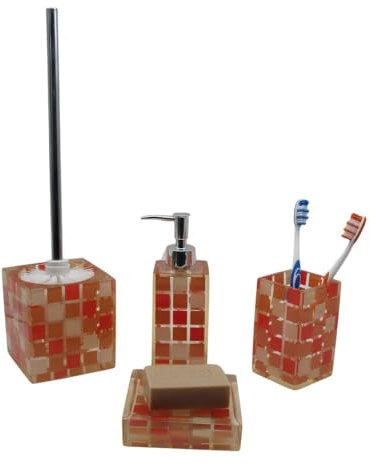 SANWOOD 4tlg Set Bad Accessoires WC-Bürste Seifenspender Zahnputzbecher Seifenschale Mosaik Orange