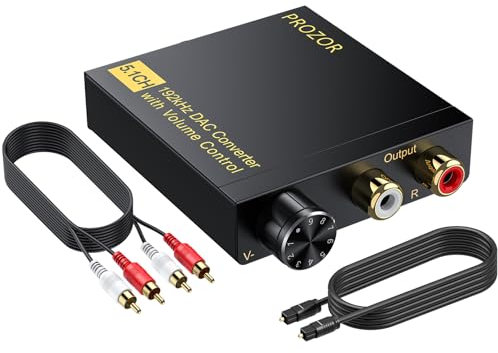 PROZOR Convertidor DAC 192Khz con Control de Volumen Convertidor de Audio Digital a Analógico con Cable RCA Soporte 5.1CH DTS Dolby AC3 Óptico a 3,5 mm Converter para HDTV DVD PS3 Home Cinema