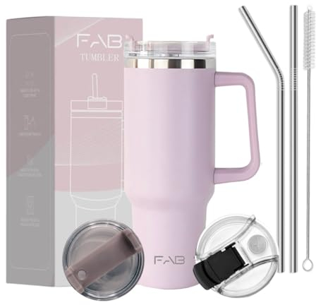 FAB | 40oz Tumbler with Straw, 2Lids and Handle | Stainless Steel Insulated Cup for Hot & Cold Drinks | Double Wall Travel Flask | Iced Coffee Mug | Dusty Pink