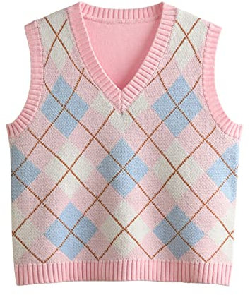 Hyipels Y2K Pull sans manches pour femme Style Preppy Style Crop Débardeur pour fille, Argyle Rose pastel, Taille XL