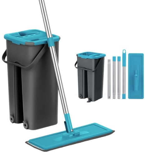 Fregona para Limpiar Azulejos y Paredes Fregona con Cubo escurridor Fregona autogirable Limpieza de Suelos Cepillo para fregona 6 Almohadillas de Microfibra Limpiador y Plumero Set Cubo para (Azul)
