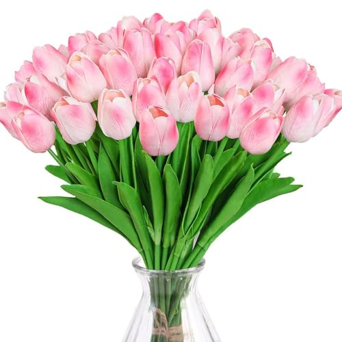 Belugsin 15 Stück Künstliche Blumen Künstliche Tulpen Gefälschte BlumeTulpe Latex Material Real Touch für Hochzeitssträuße, Tischdekoration, Heim-Deko, Garten Dekoration (Sakura Rosa)