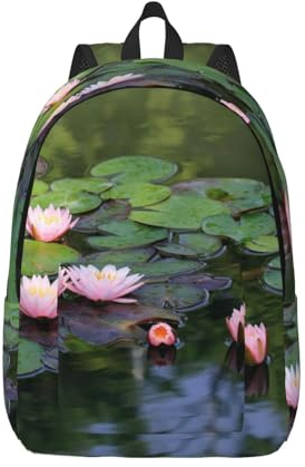 ESASAM Schöner Leinen-Rucksack mit Lotusblumen-Druck, stilvoller und langlebiger Canvas-Rucksack, Schwarz , M
