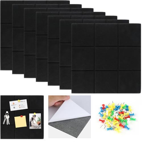 Filz Pinnwand, 7 Stück Große Filzboard Selbstklebend, 30x30cm Memotafeln Memo Boards mit 50 Pinnnadeln, Bulletin Board, Filztafel, Korkwand Wanddekoration für Büro, Küche, Schule (Schwarz, 30x30cm)