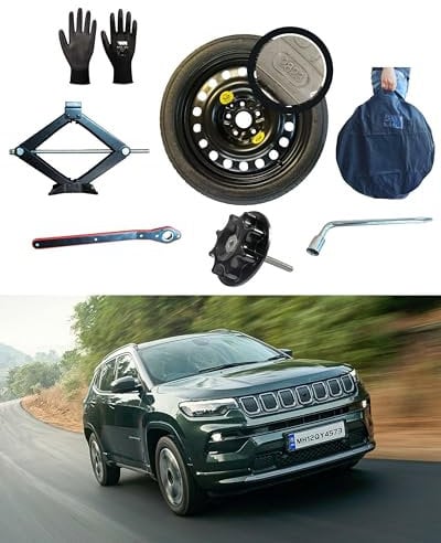 Kit Roue de secours 17 compatible avec Jeep Compass (2017>) avec Cric, Clé, Vis, Gants et Sac 165/80R17