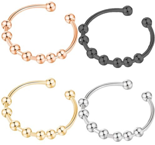 Tcnzdy 4 Stück Fidget Ring, Einstellbare Größe Anti Stress Ring, Drehender Weiblicher Anxiety Ring, Schwarzes Gold Silber Roségold