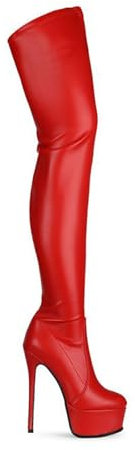 Stivali sopra Il Ginocchio con Plateau e Tacchi a Spillo da Donna, Stivali Alti Fino alla Coscia in Pelle PU, Stivali Alti alla Moda Autunno Inverno,Rosso,41 EU