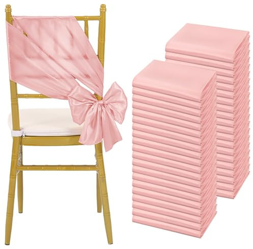 Teruntrue 60 PCS Satin Chair Sashes Ties,Bows Universal Chair Cover,Rose gold Sashes Chair Sashes for Wedding Reception,Banquets Party, Hotel Event, Chairs Decoration(17 x 200 cm)
