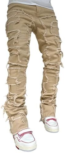 SANSIWU Men's Khaki Stacked Ripped Skinny Jeans, Hip Hop Streetwear, Straight Trousers, XL