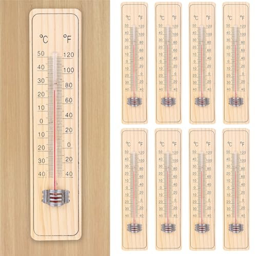 Nizirioo Zimmerthermometer Analoges 8 Stück, Holz Innenthermometer, Wetterfest Gartenthermometer, Kann ℃- und ℉ Temperatur anzeigen, Holz Thermometer für Innen und Außen (-40 bis +50 ℃)