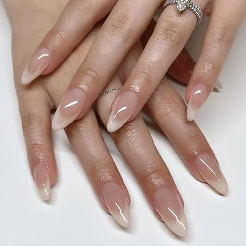 24PCS Nude Almond French Tip Press on Nails – White Edge Full Cover Acrylic Fake Nails, Elegant & Durable, Comfortable Fit for Easy DIY Nail Art for Women