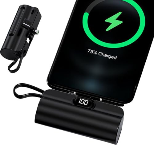 UFUZON Ishiva Mini Powerbank 5000 mAh USB-C portatile senza fili, con display a LED, PowerBank compatibile con cellulari USB-C Samsung e Android, iPhone 15/16, nero