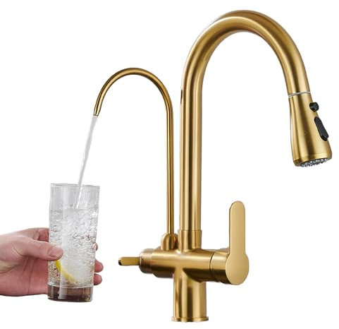 Dennienova Robinet de cuisine avec fonction eau potable, mitigeur chaud/froid extensible à 3 voies avec douchette, pivotant à 360°, doré