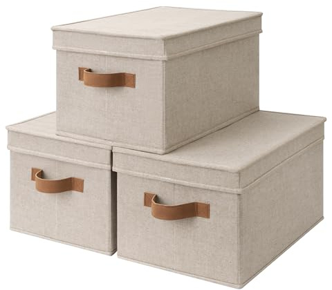 StorageWorks Decorative Storage Boxes with Lids, Brown and Beige, 3-Pack | Foldable Storage Organiser for Clothes, Toys and Blankets, Storage Boxes for Wardrobe, Bedroom and Playroom, with PU Handles