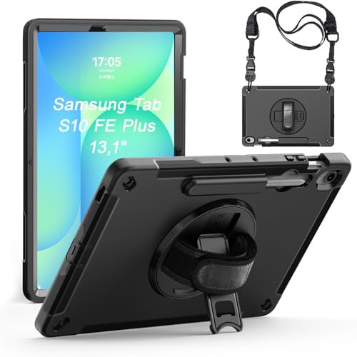 Junfire Case for Samsung Galaxy Tab S10 FE Plus / S10 FE+ 13.1 inch 2025, Rugged Protective with Rotating Kickstand Hand Strap Pencil Holder & Shoulder Belt for Samsung S10 FE+ Tablet Case, Black