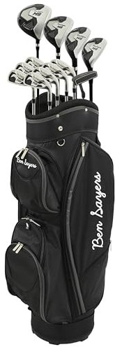 Ben Sayers M8 13-Piece Golf Package Set | Complete Mens Set | Full 12 Clubs Graphite/Steel Shafts with Cart Bag | Driver, Woods, Hybrids, Irons, Wedges & Putter (Right Hand +1 Inch - Black/Grey)