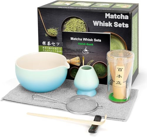 7 Pcs Matcha Tea Set with Resin Whisk, Ceramic Bowl, Scoop,Holder,Matcha Making Kit for Traditional Japanese Tea Ceremony, Matcha Gift Set for Beginners,Enthusiasts,Friend,Family