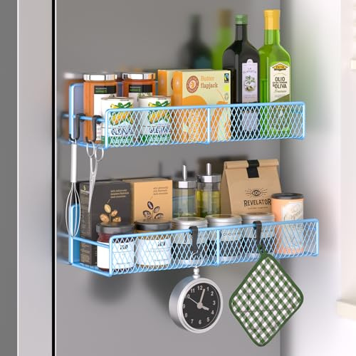 Magnetisches Gewürzregal für Kühlschrank, 2er-Pack 100% Metall Starker Magnet-Einzelregal, platzsparender Gewürz-Organizer mit Haken, bewegliches magnetisches Kühlschrankregal, Küchen-, Haushalts- und