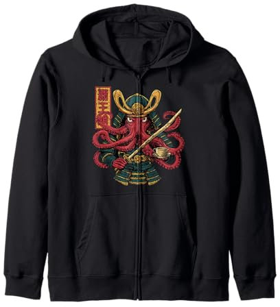 Samurai Octopus Warrior Divertente Amante del Tè Arte Giapponese Felpa con Cappuccio