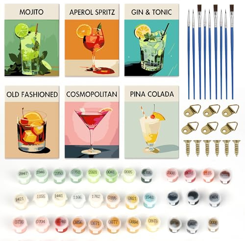 Rzspher 6 Stück Malen Nach Zahlen Erwachsene, 20x30CM Malen Nach Zahlen Cocktail, DIY Handgemalt Acrylic Öl Leinwand, mit Acrylfarbe und 9 Pinseln, für Erwachsene und Anfänger als Geschenk