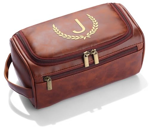 CGFN Trousse de toilette pour homme, cadeaux personnalisés pour homme, trousse de toilette personnalisée en cuir synthétique avec initiale à suspendre, cadeau de Noël ou d'anniversaire, Brun rougeâtre