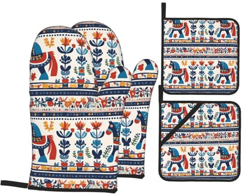 WHJSSF Schwedisches Dala-Pferd mit Volksdruck, 4-teiliges Set, bestehend aus 2 isolierten Handschuhen und 2 Topfdeckel-Pads mit Taschen, verbrühungsschutz und wärmeisolierend