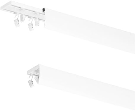 MDEKOR Vorhangschiene 300 cm aus Aluminium für Deckenmontage - ZWEISEITIGE Schiene mit stabilen METALL-Halterungen, inkl. Metall-Klammern/Clips & weißer Blende (selbstklebend, LED-tauglich)