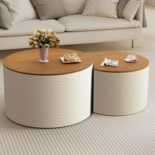 Nesting Coffee Table Set of 2 Round & Faux Leather, Hidden Storage ，White | Crescent Moon, Drum Accent End Tables, For Living Room