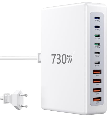 Chargeur USB C 730W, Station de Charge Rapide à 10 Ports [6 USBC + 4 USBA], Station de Charge USB GaN Ⅲ avec Deux Ports PD PPS 140 W/100 W/65 W, Compatible avec MacBook Pro/Air/iPhone 16/15/Samsung