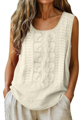 Casual Cotton Linen Tank Tops for Women UK Summer Sleeveless Crewneck Embroidery Floral Print Vest Dressy Solid Color Lightweight Loose Fit Shirts Going Out Blouse