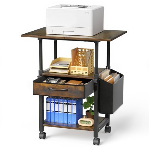 Mueble Impresora Grande, Soporte Móvil para Impresora de 3 Niveles con Almacenamiento, Gran Carrito Rodante con Ruedas y Estante Ajustable para Oficina y Hogar, Impresora 3D Máquina Copiadora, Retro