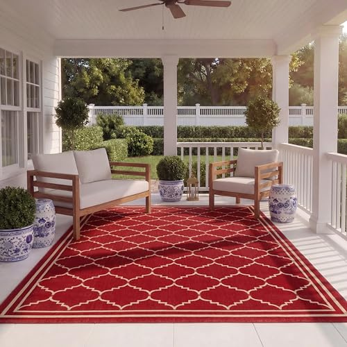 SAFAVIEH Washable Rug Outdoor Courtyard Collection - 6'7 x 9'6, Red & Beige, Non-Shedding & Easy Cleaning, Ideal for Patio, Backyard, Mudroom (CY6889-248)