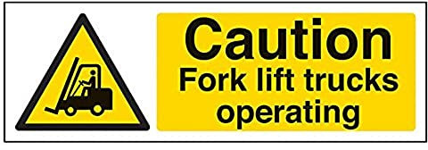 V Safety Caution Fork Lift Trucks Operating Warning Sign - 300mm x 100mm - Self Adhesive Vinyl