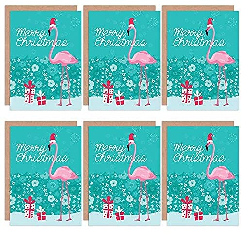 Wee Blue Coo Christmas Cards 6 Pack - Flamingo Merry Christmas Set Blank Cards